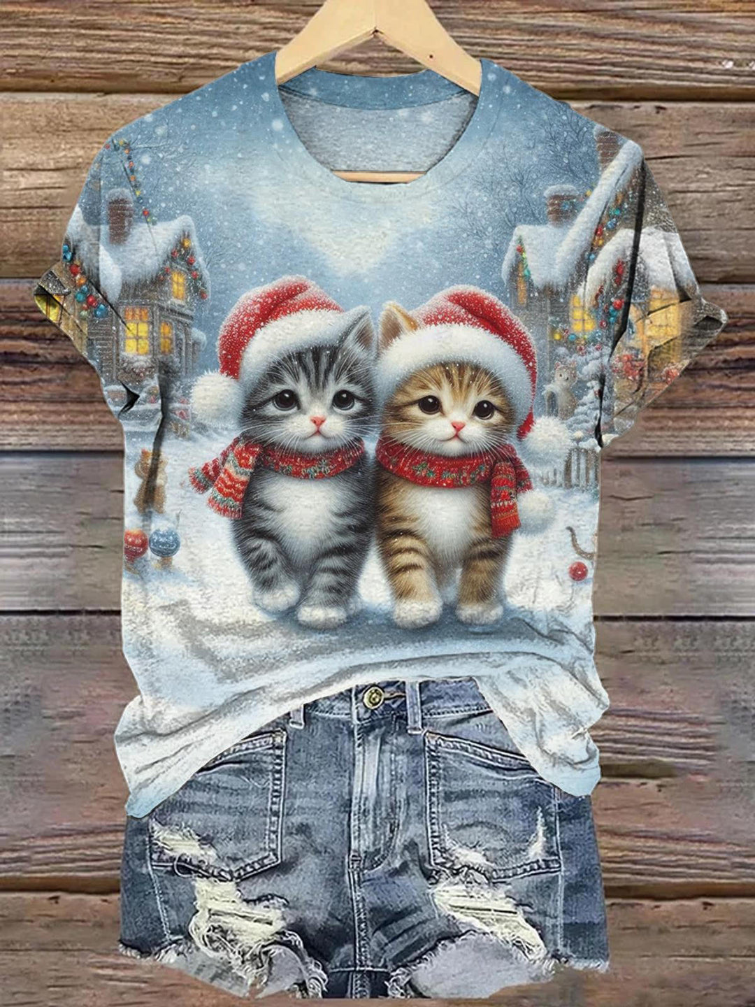 Süßes T-Shirt mit Rundhalsausschnitt und Weihnachtskatzen-Print für Damen