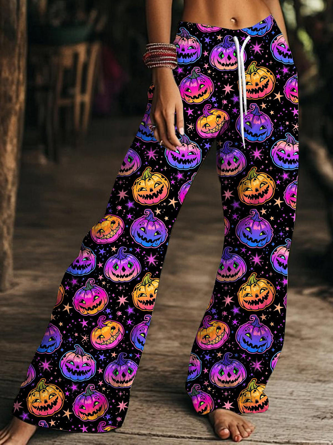 Women's Halloween Scary Pumpkin Drawstring Wide-Leg Pants