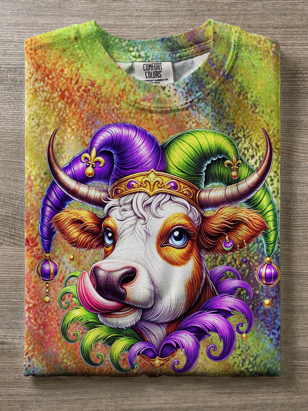 Mardi Gras Holiday Party Cow Hat Tie Dye Print Casual T-Shirt