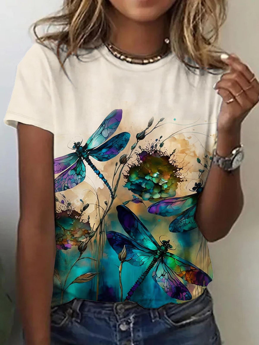 Women's Dragonfly Print Crew Neck Top