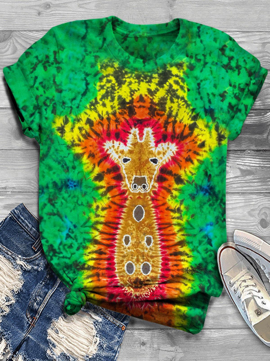 Women's Cute Giraffe Tie Dye Gradient Print T-Shirt