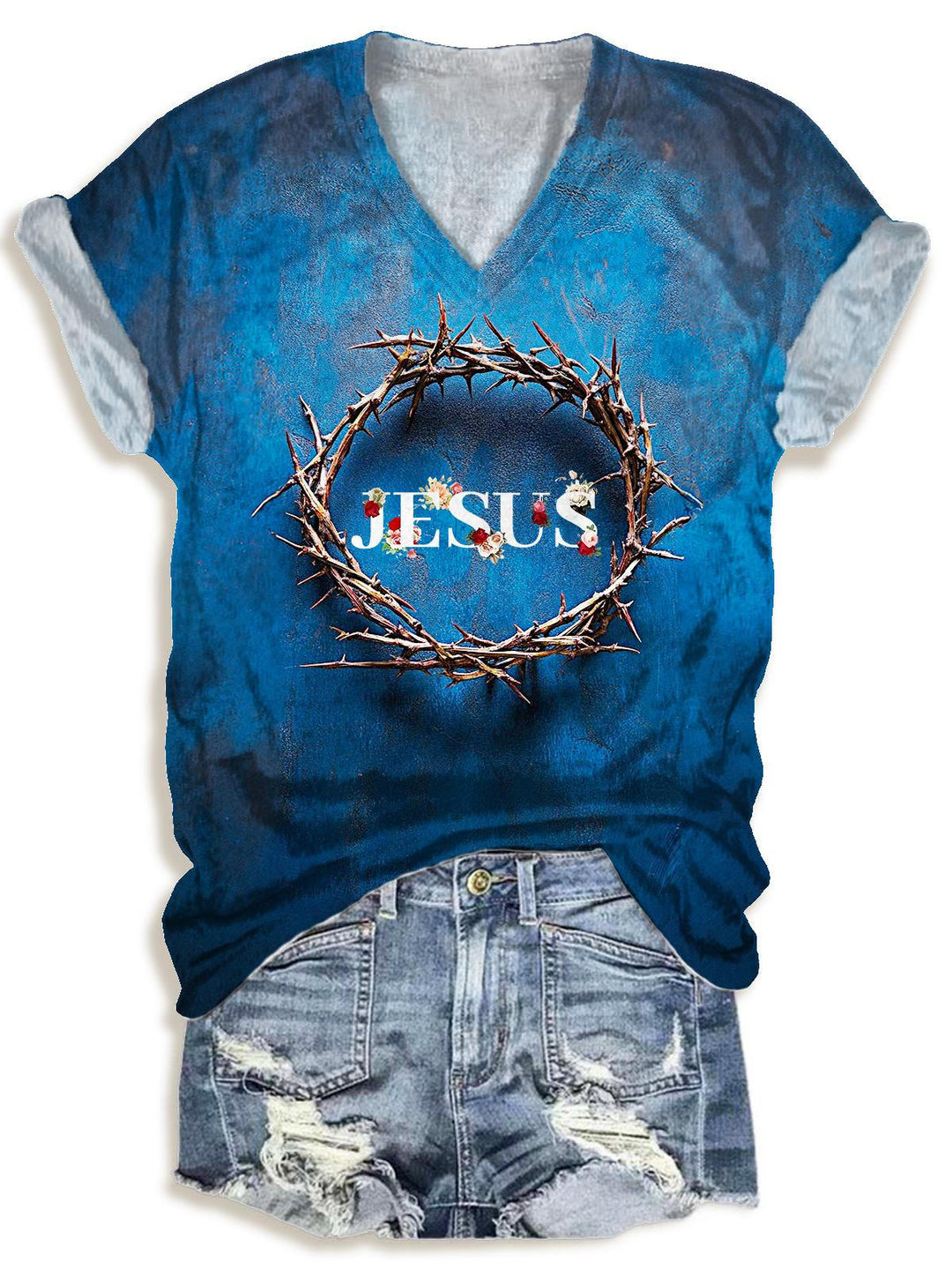 Women's Christian Jesus Crown Print V-Neck T-Shirt