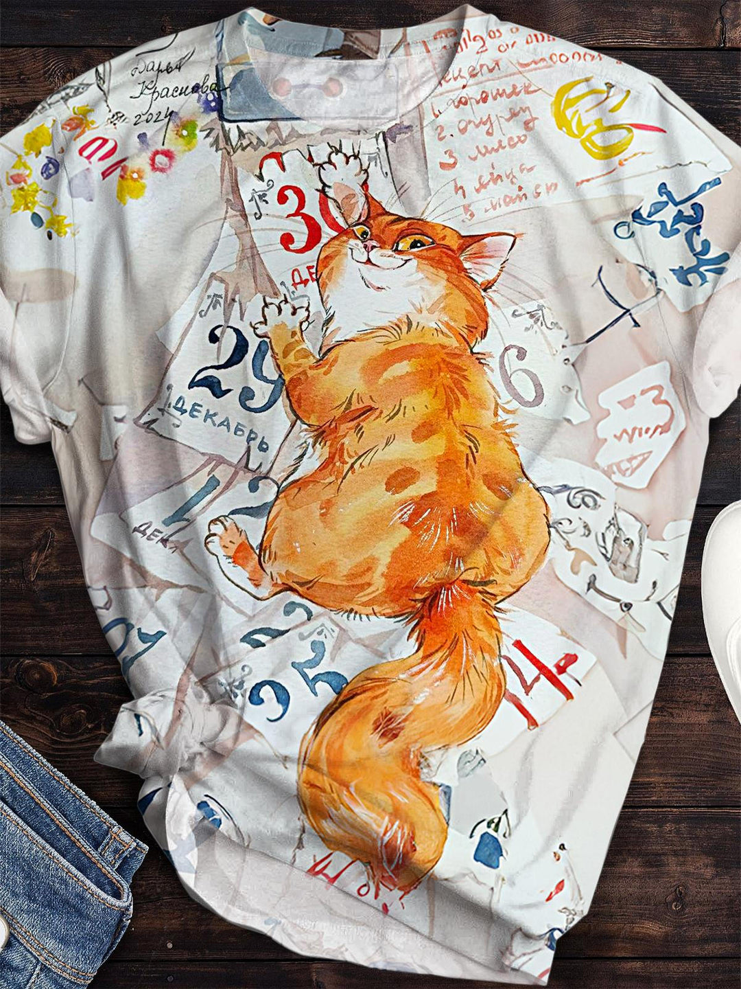 Damen-T-Shirt mit Rundhalsausschnitt und süßem Kalender-Kätzchen-Print im Retro-Stil