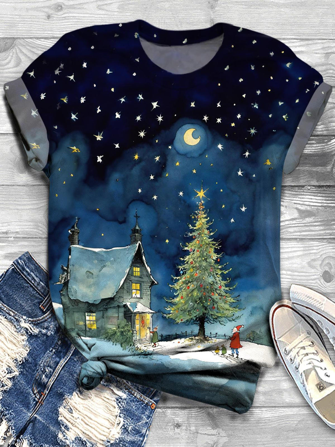 The Moon And The Winter House Christmas Crew Neck T-shirt