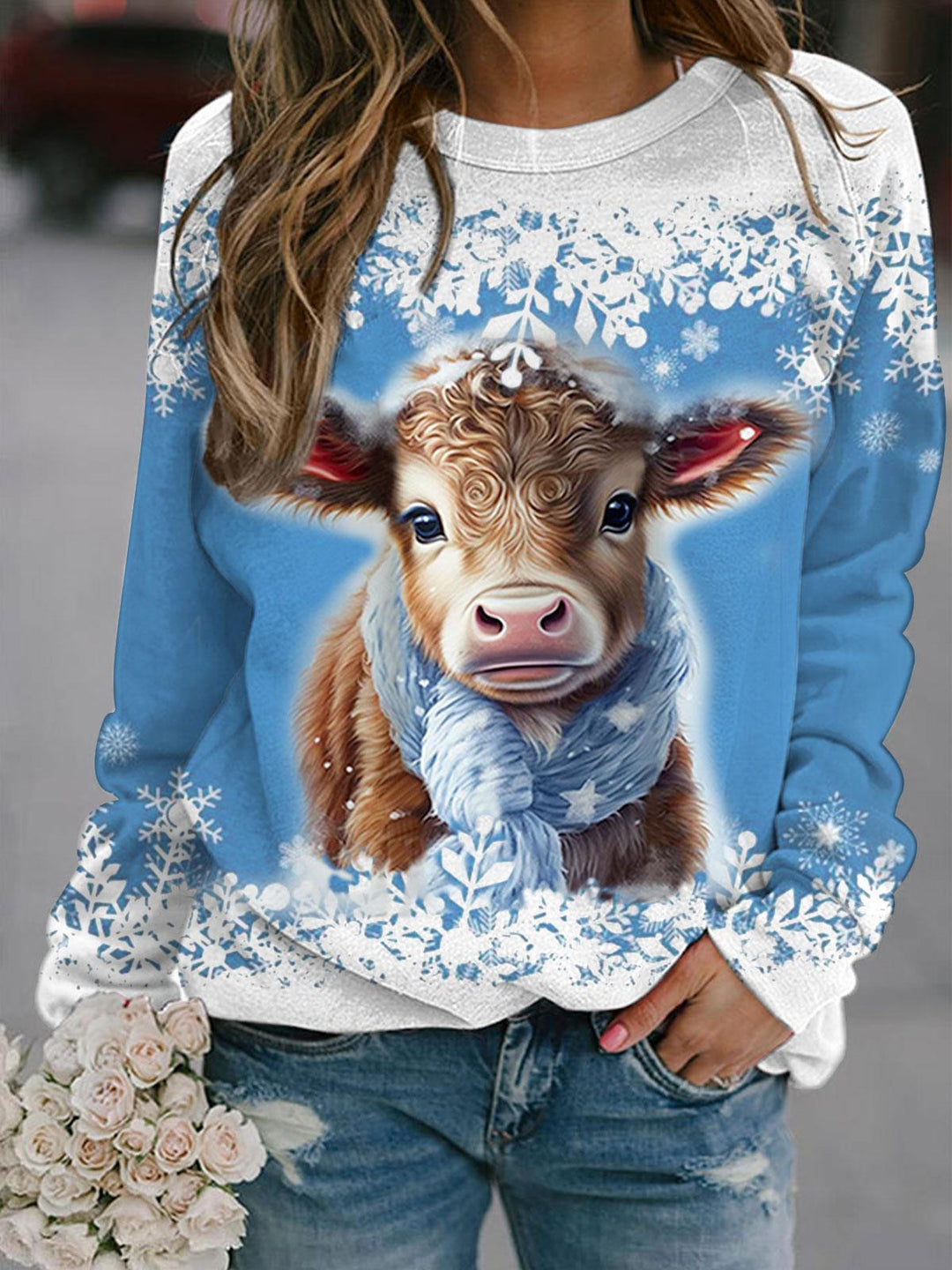 Women's Winter Cow Print Long Sleeve Top