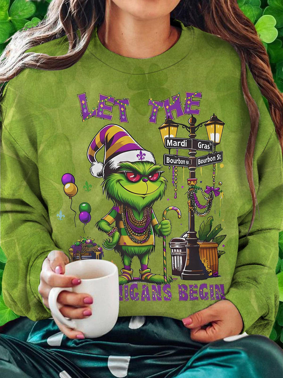 Let Mardi Gras Shenanicgans Begin Printed Long Sleeve Casual Top