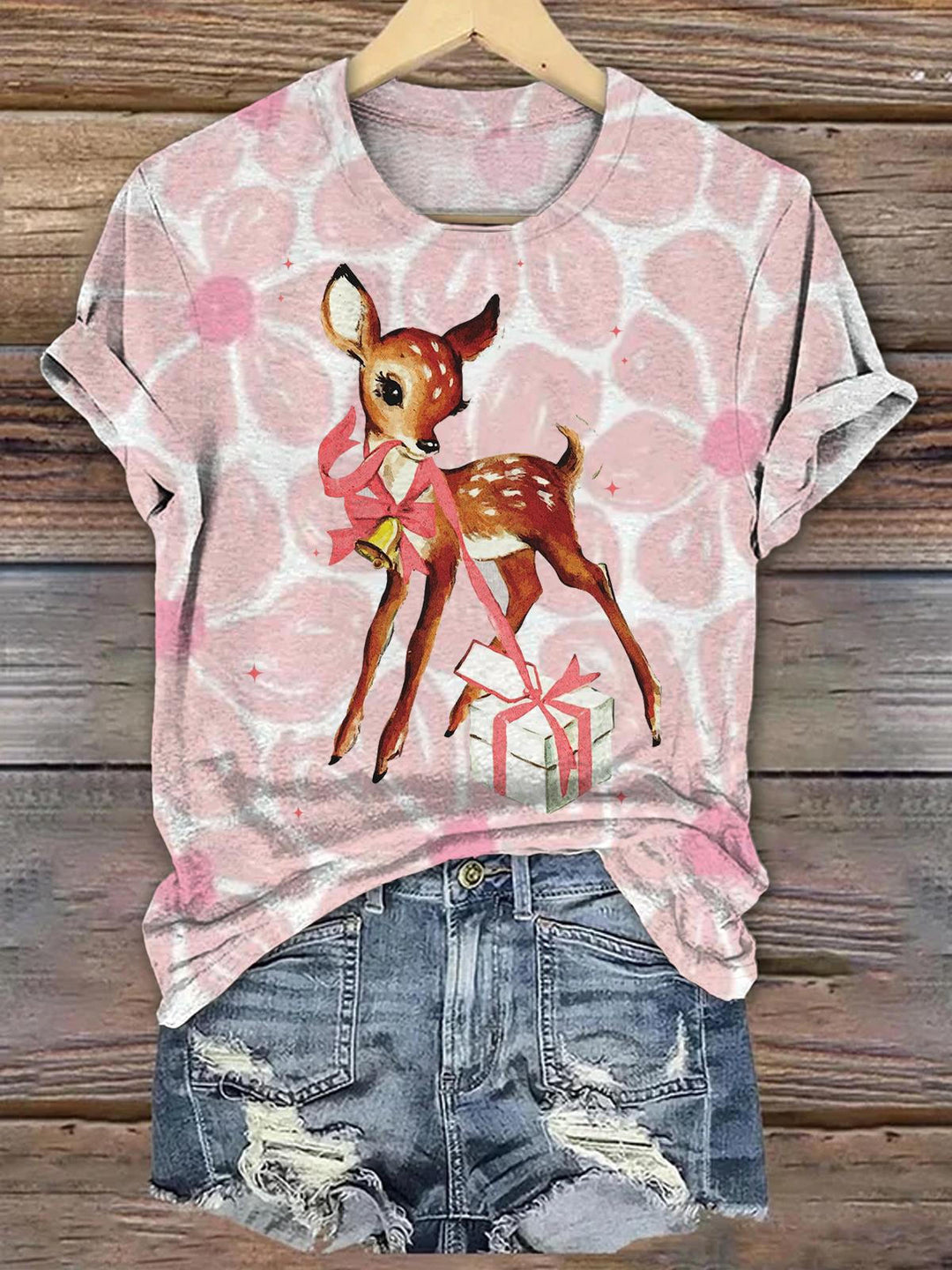 Vintage Reindeer Christmas Crew Neck T-shirt