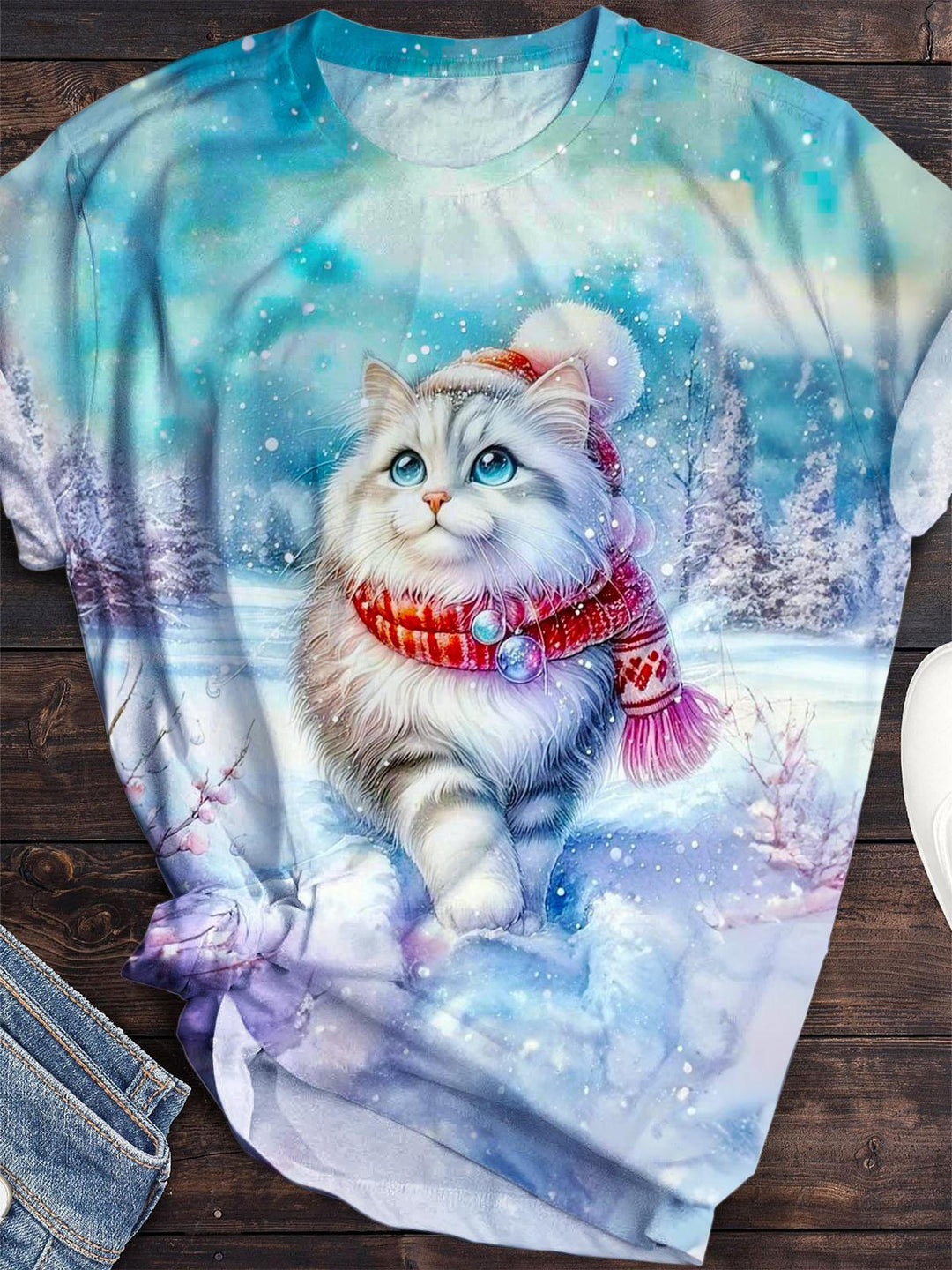 Women's Snow Cute Cat Print Crew Neck T-shirt
