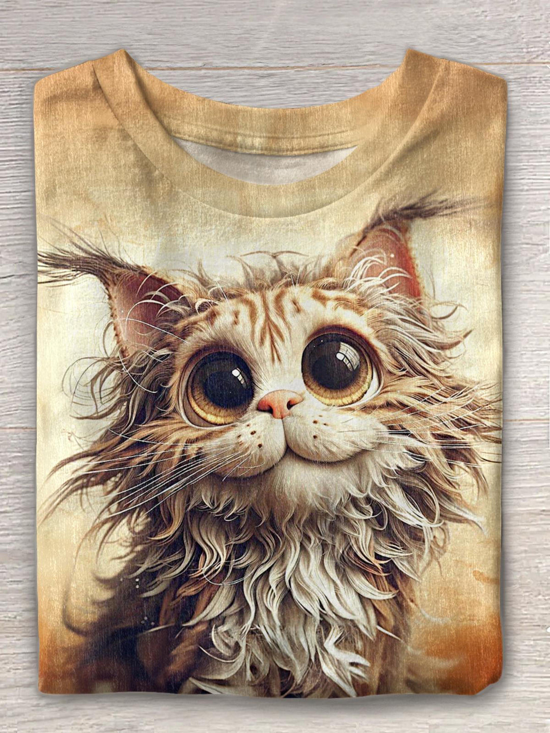 Cute Curly Cat Print Crew Neck T-shirt