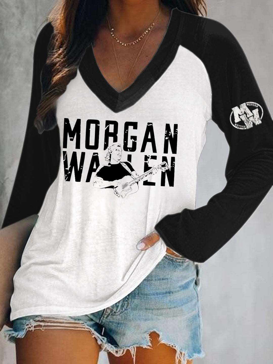 Morgan Wallen Print V-Neck Long Sleeve Top