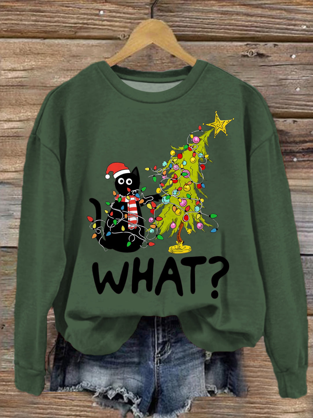 Black Cat Pushing Christmas Tree Crew Neck Casual Sweatshirt