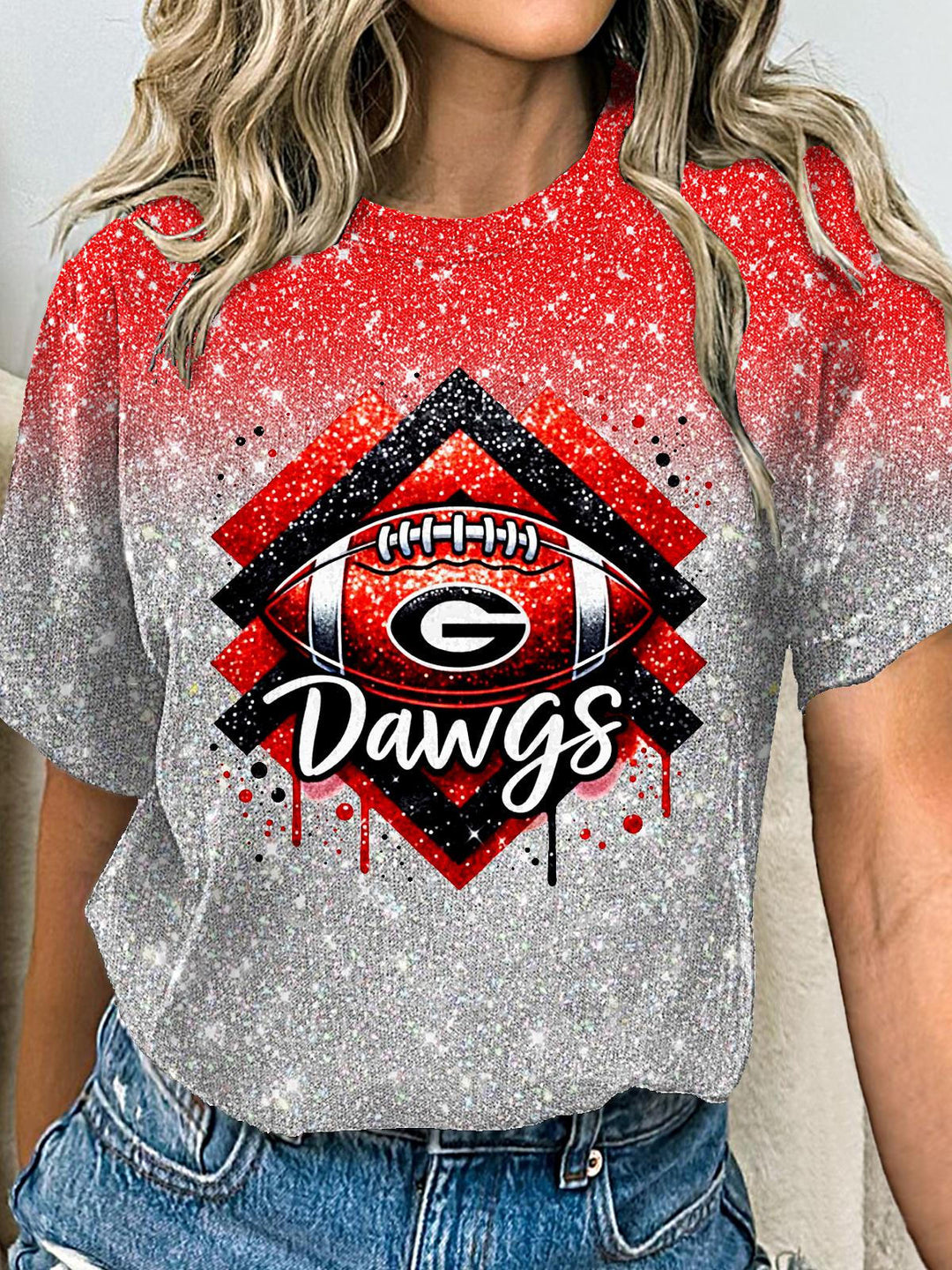 Women's Georgia Dawgs Football Sequin Print Crew Neck T-shirt