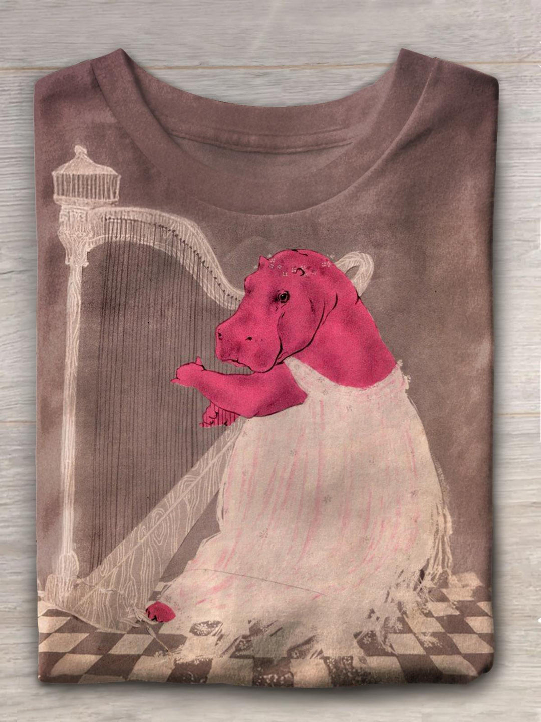 Women's Hippo Artist Playing Music Printed Casual T-shirt
