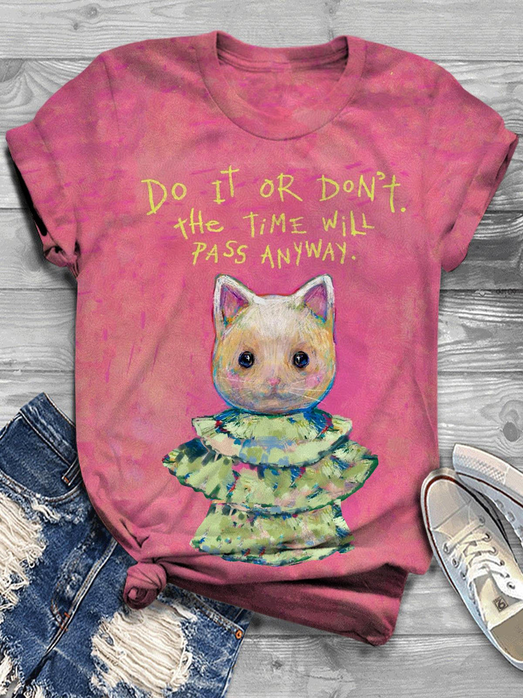 Do It Or Don't The Time Cute Cat Print Casual T-shirt