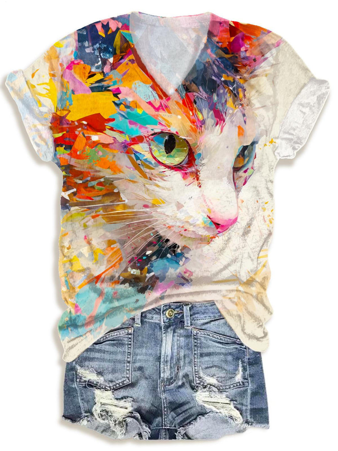Cute Cat Summer V-neck T-Shirt