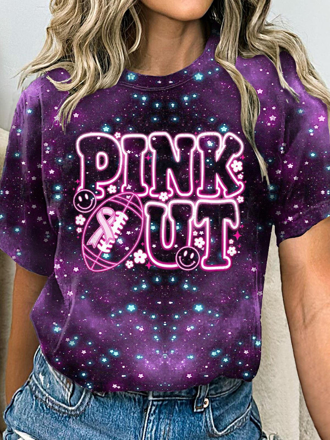 Neonfarbenes T-Shirt mit Rundhalsausschnitt und Brustkrebs-Fußball-Print für Damen
