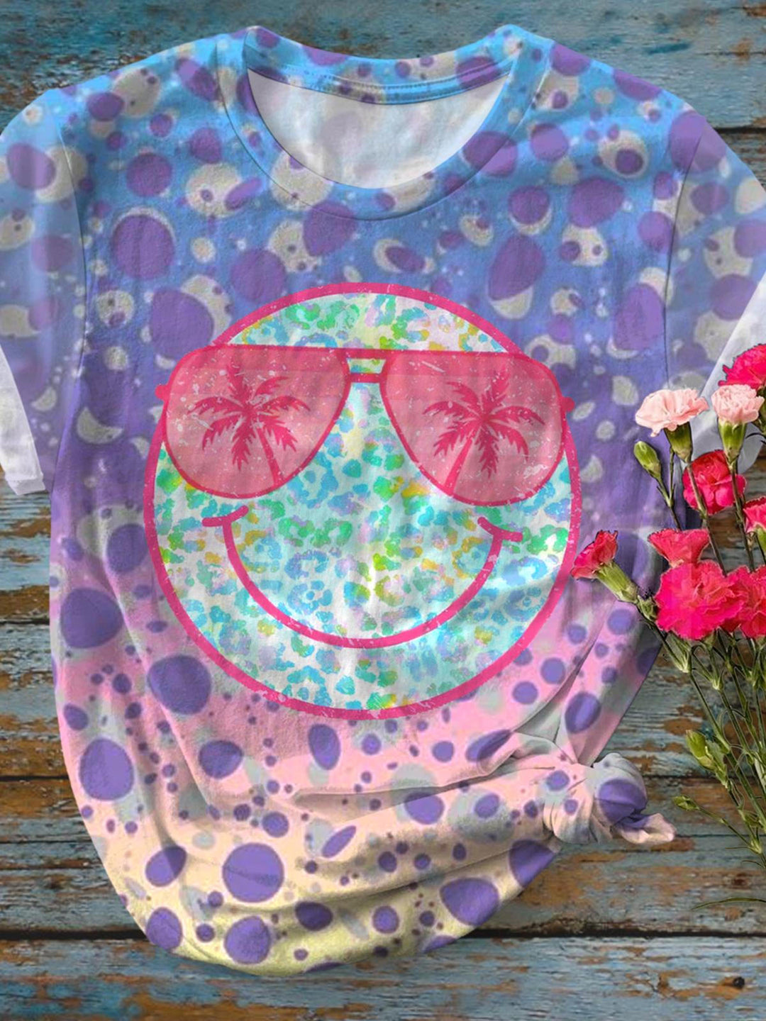 Smiley Vacation Pattern Crew Neck T-shirt