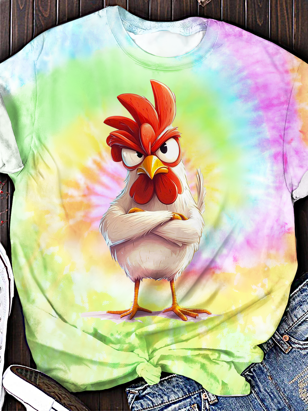 Tie-dye Funny Chicken Crew Neck T-shirt