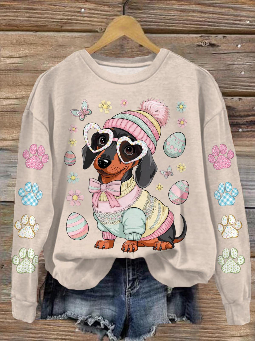 Easter Dachshund Printed Long Sleeve Casual Top