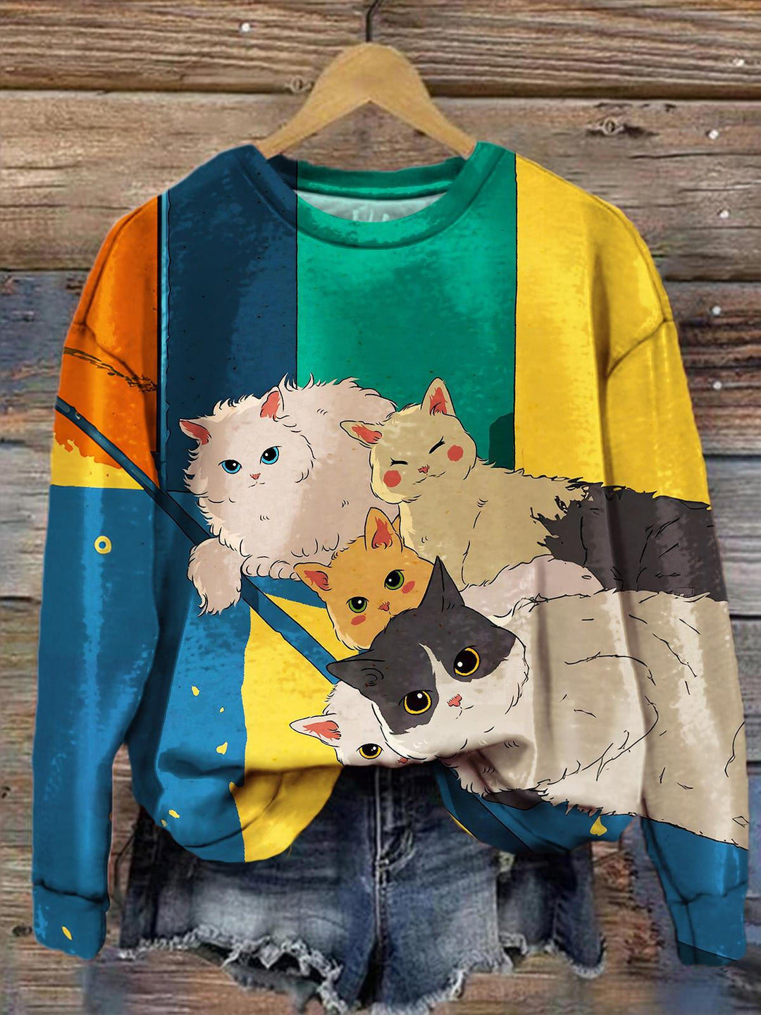 Women's Cat Rainbow Print Long Sleeve Top