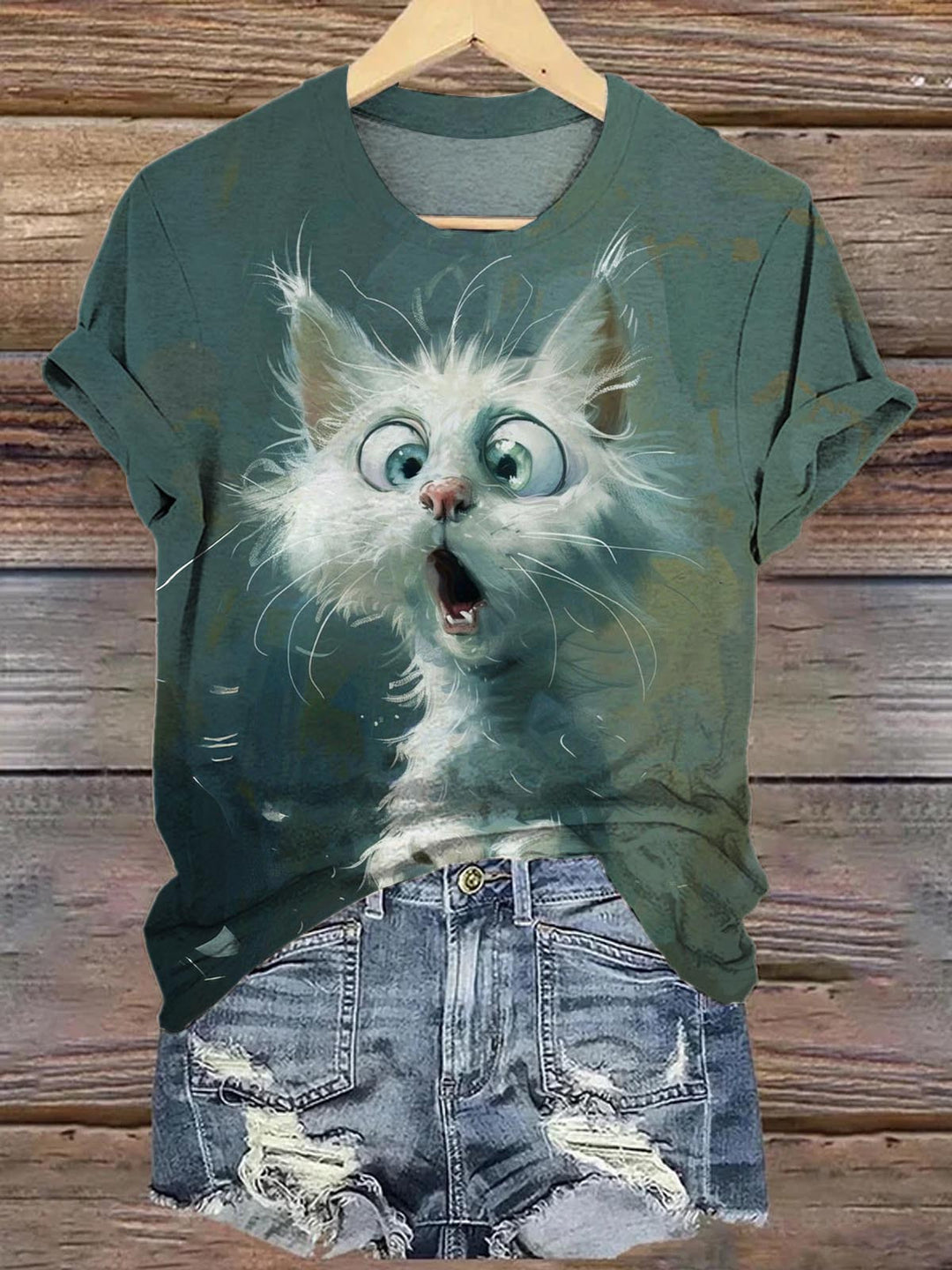 Women's Funny Cat Crew Neck T-shirt