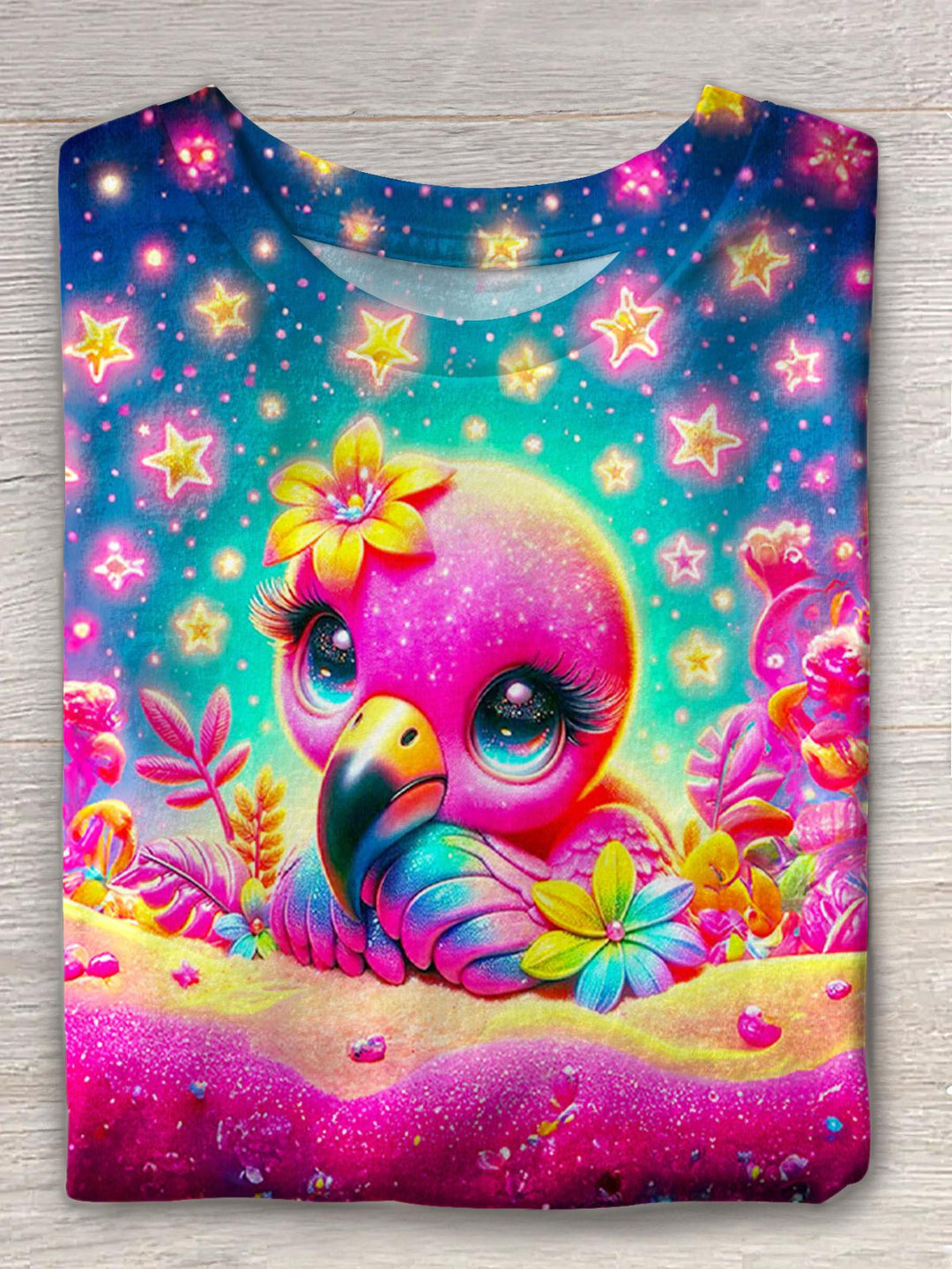 Summer Cute Star Flamingo Printed Crew Neck T-shirt