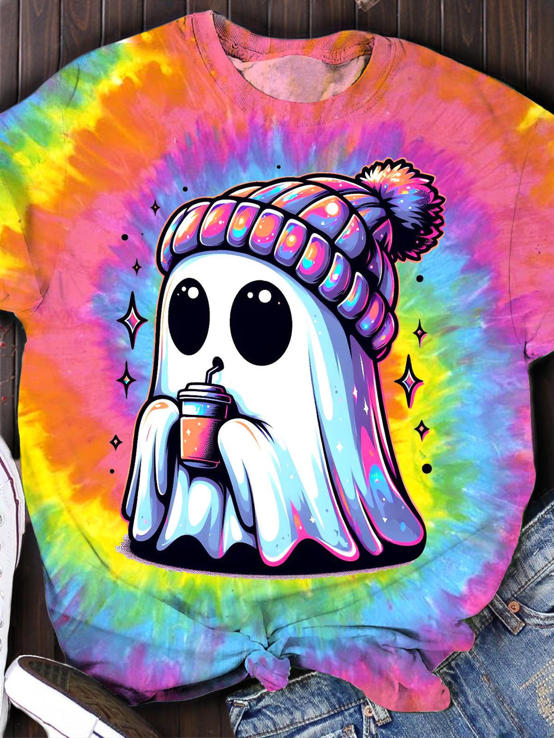Cute Ghost In A Hat Halloween Crew Neck T-shirt