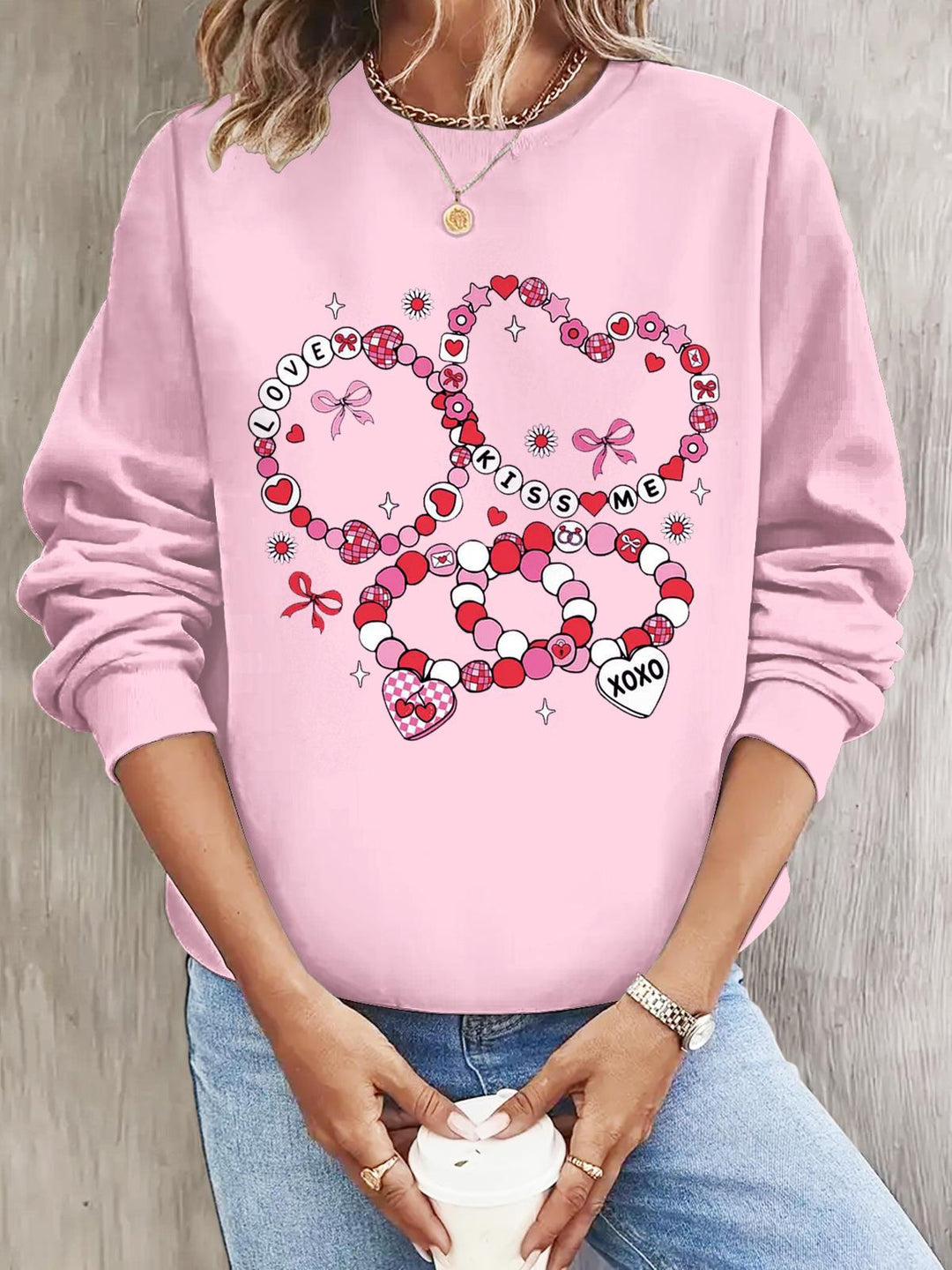 Women's Happy Valentine's Day Friendship Bracelet Long Sleeve Casual Top