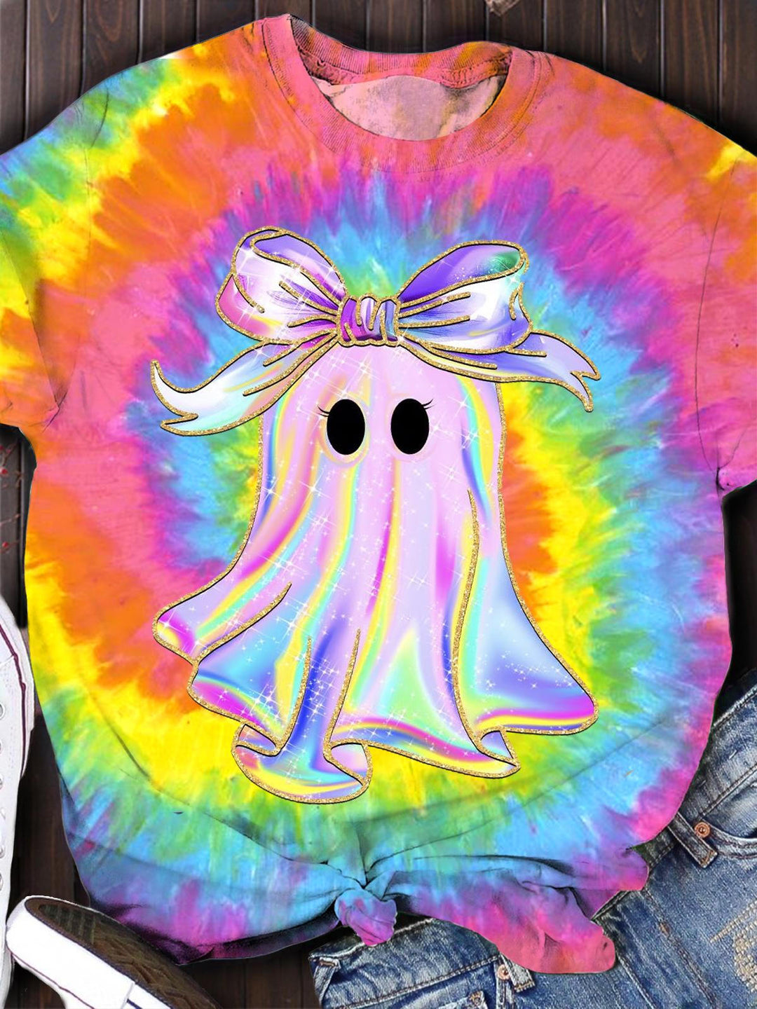 Iridescent Ghost Pumpkin Tie Dye Crew Neck T-shirt