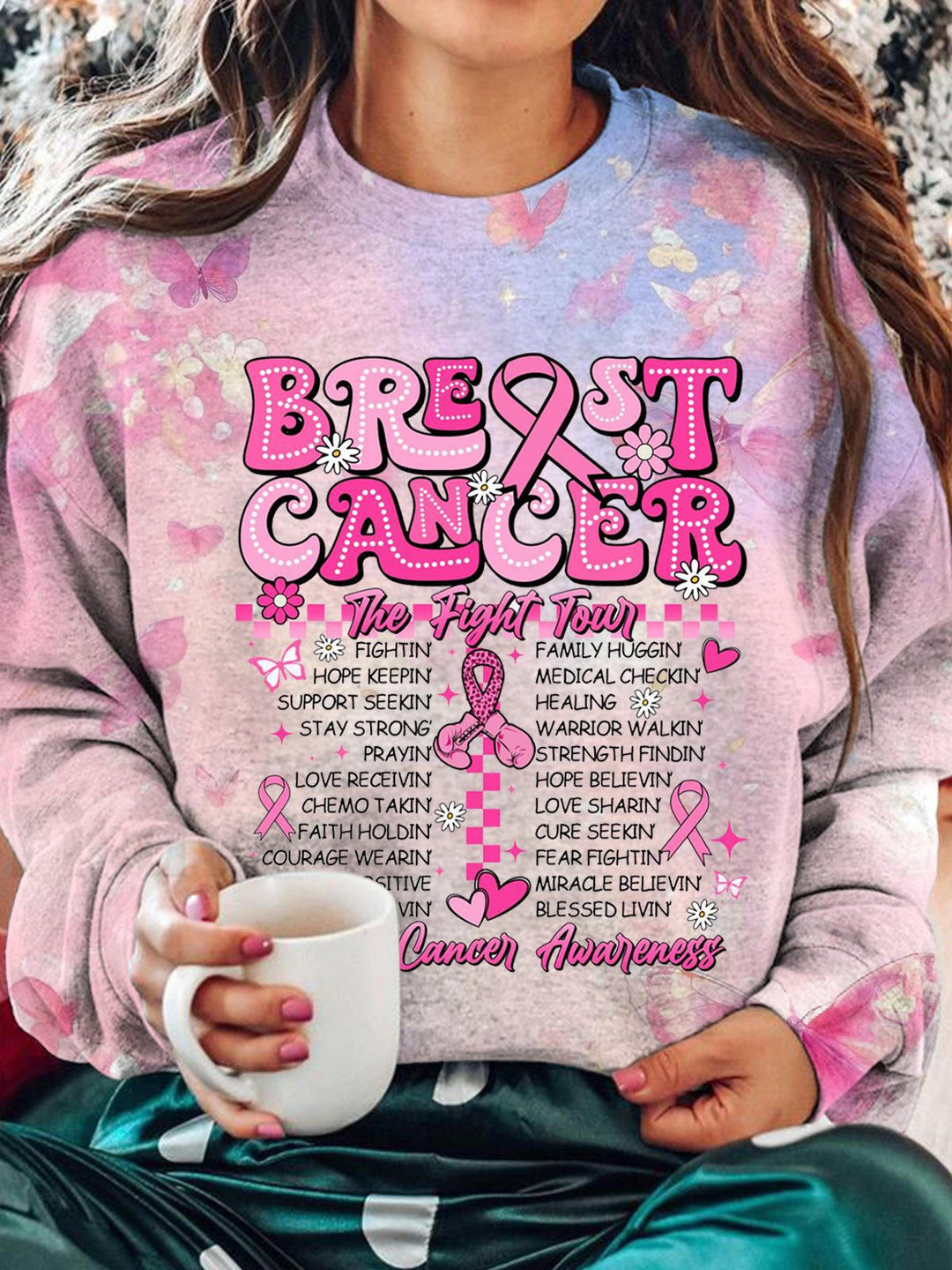 Women's Breast Cancer The Fight Tour Crew Neck Casual Sweatshirt