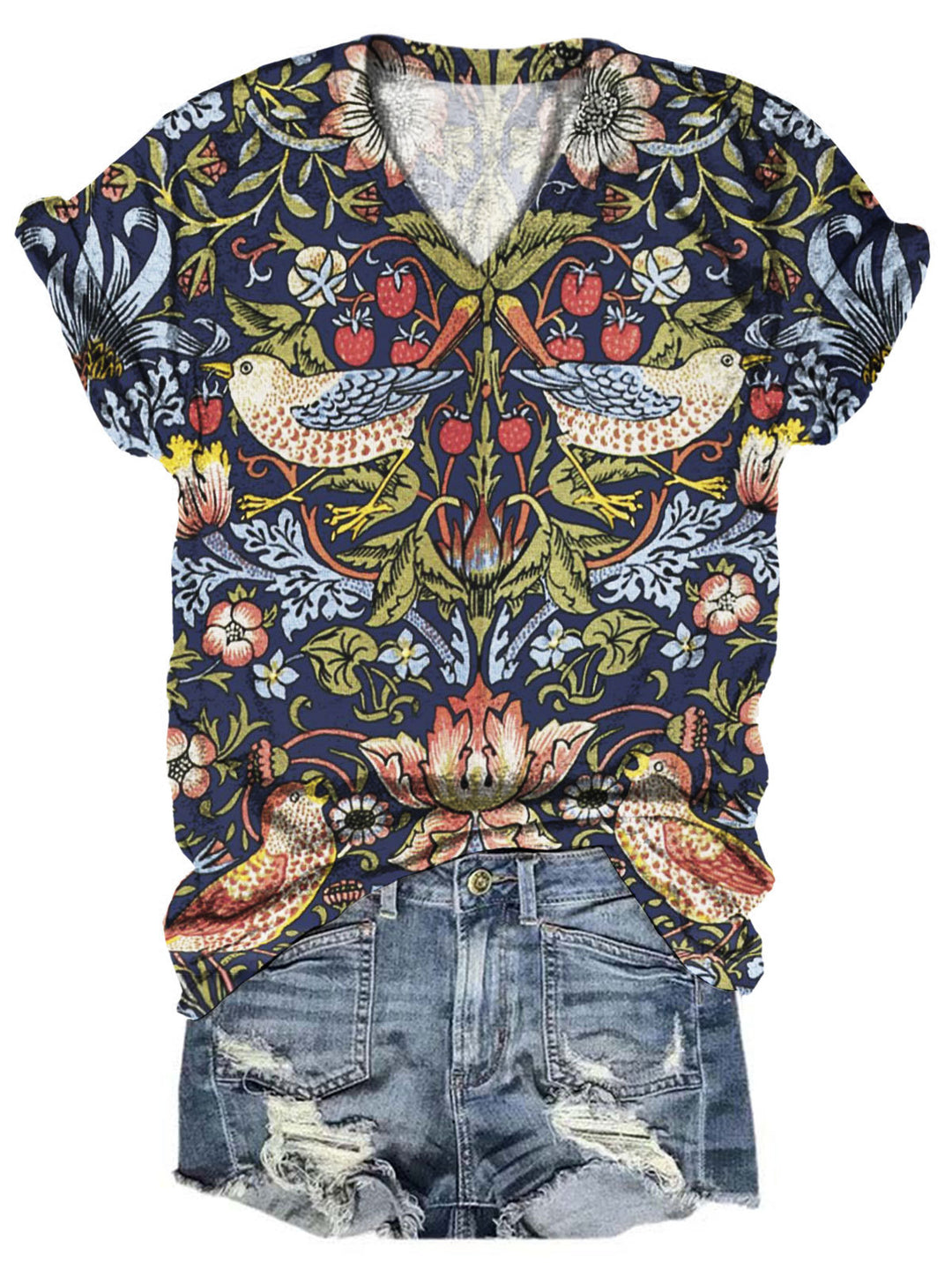 Strawberry Thief Print V-Neck Short Sleeve T-Shirt