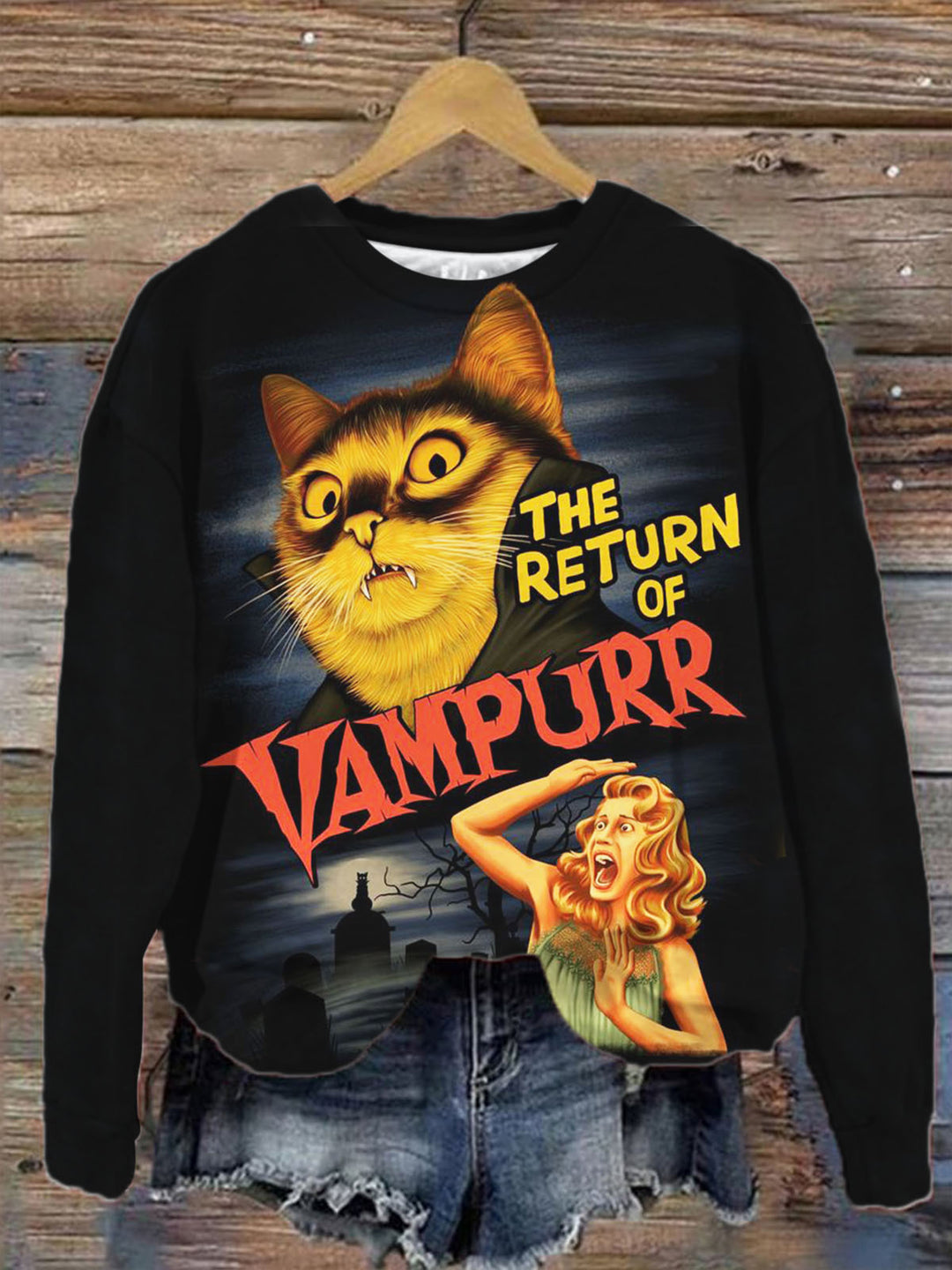 Women's Vampire Cat Print Vintage Crew Neck Long Sleeve Top