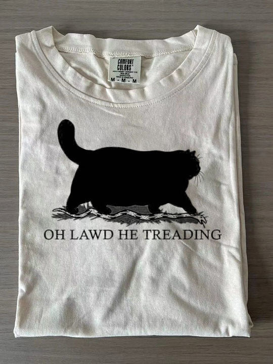 Oh Lawd He Treading Short Sleeve Cat Crew Neck T-shirt