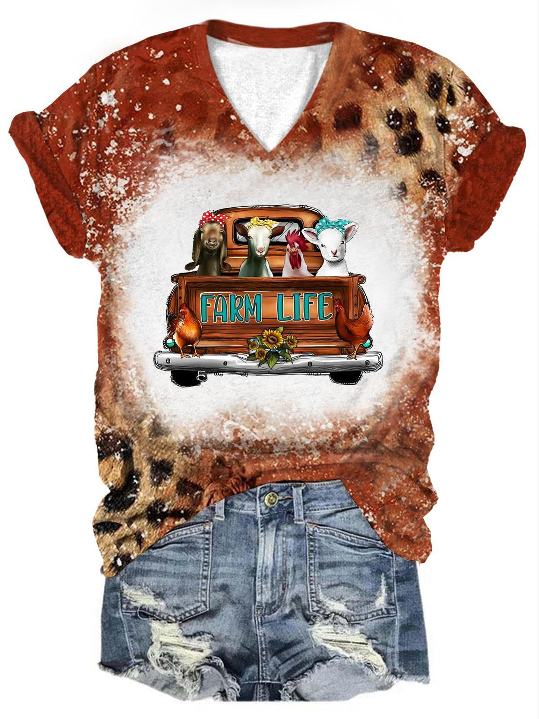 Leoparden-Oberteil mit Farm Animal Truck-Print für Damen