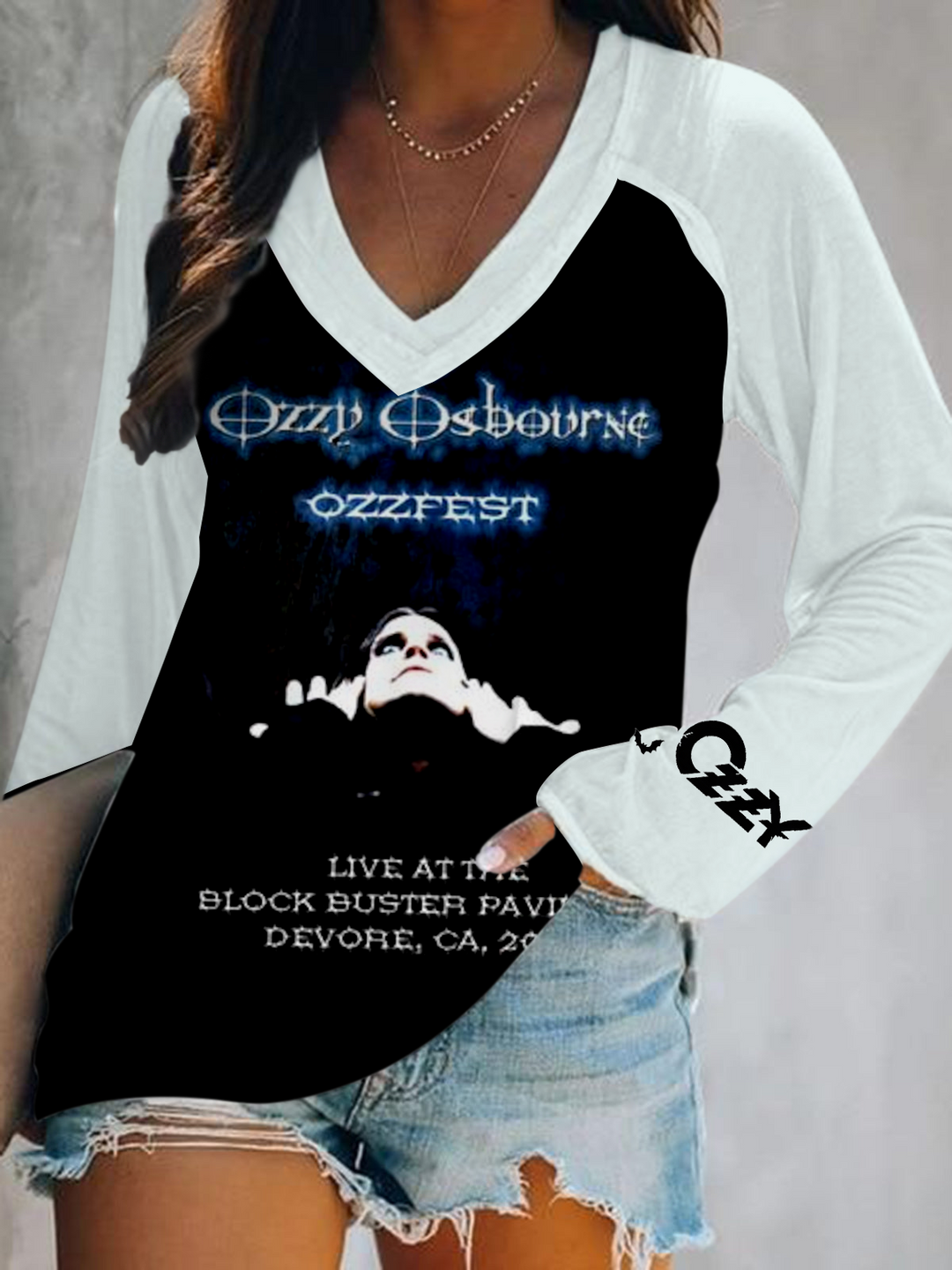 Ozzy Osbourne Print V-Neck Long Sleeve Top