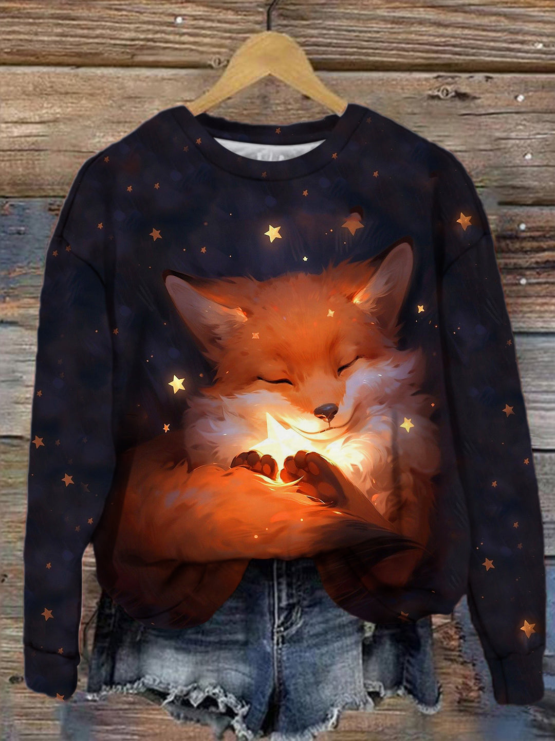 Women's Winter Fox Starry Sky Fluorescent Print Casual Long Sleeve Top
