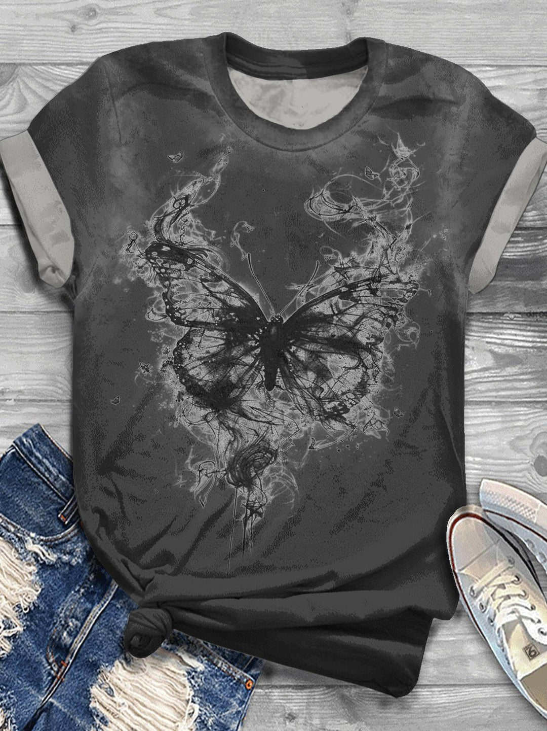 Women's Dark Butterfly Print Crew Neck T-shirt
