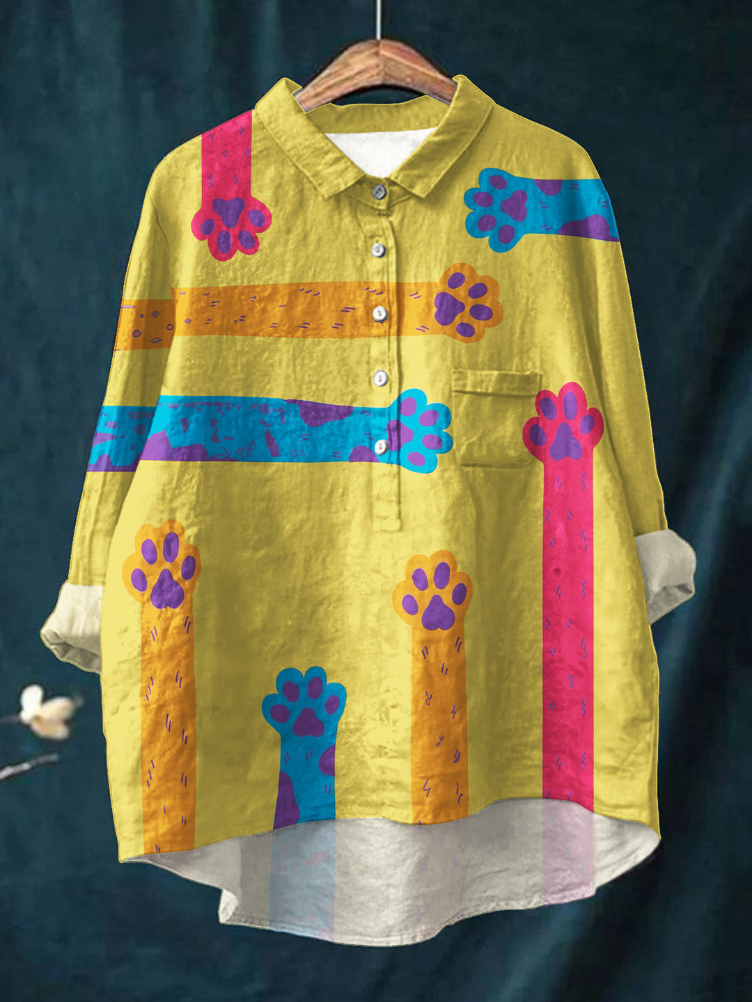 Cute Kitten Paw Print Puff Wrinkle Casual Shirt
