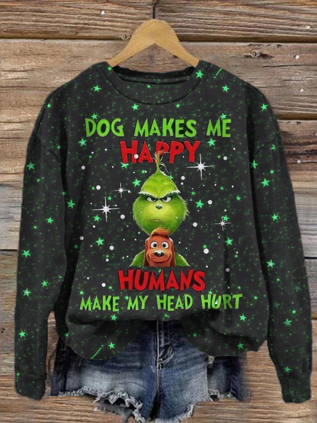 Dogs Make Me Happy Humans Give Me A Headache Christmas Printed Long Sleeve Casual Top