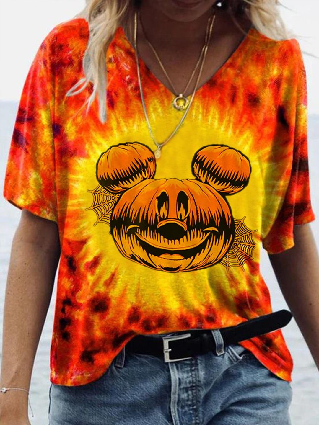 Women's V Neck Halloween Pumpkin Tie Dye Print Top