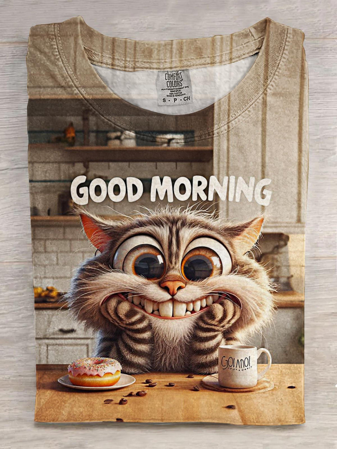 GOOD MORNING Smiling Cat Print Crew Neck T-shirt