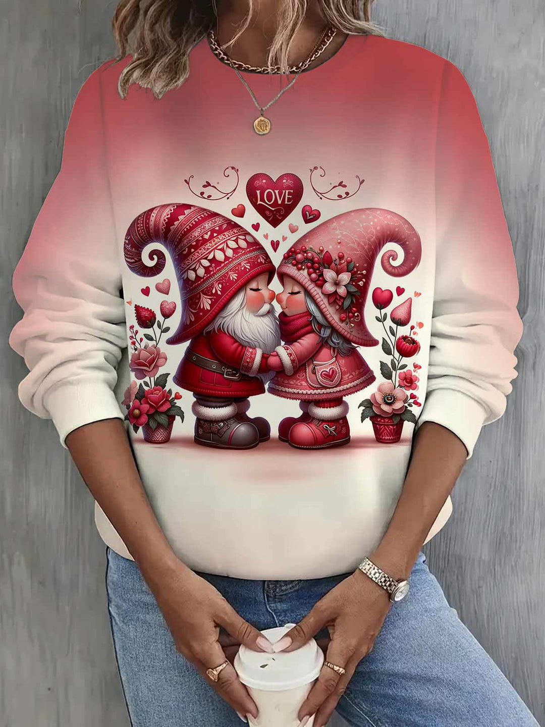 Valentine Love Gnomes Printed Long Sleeve Casual Top