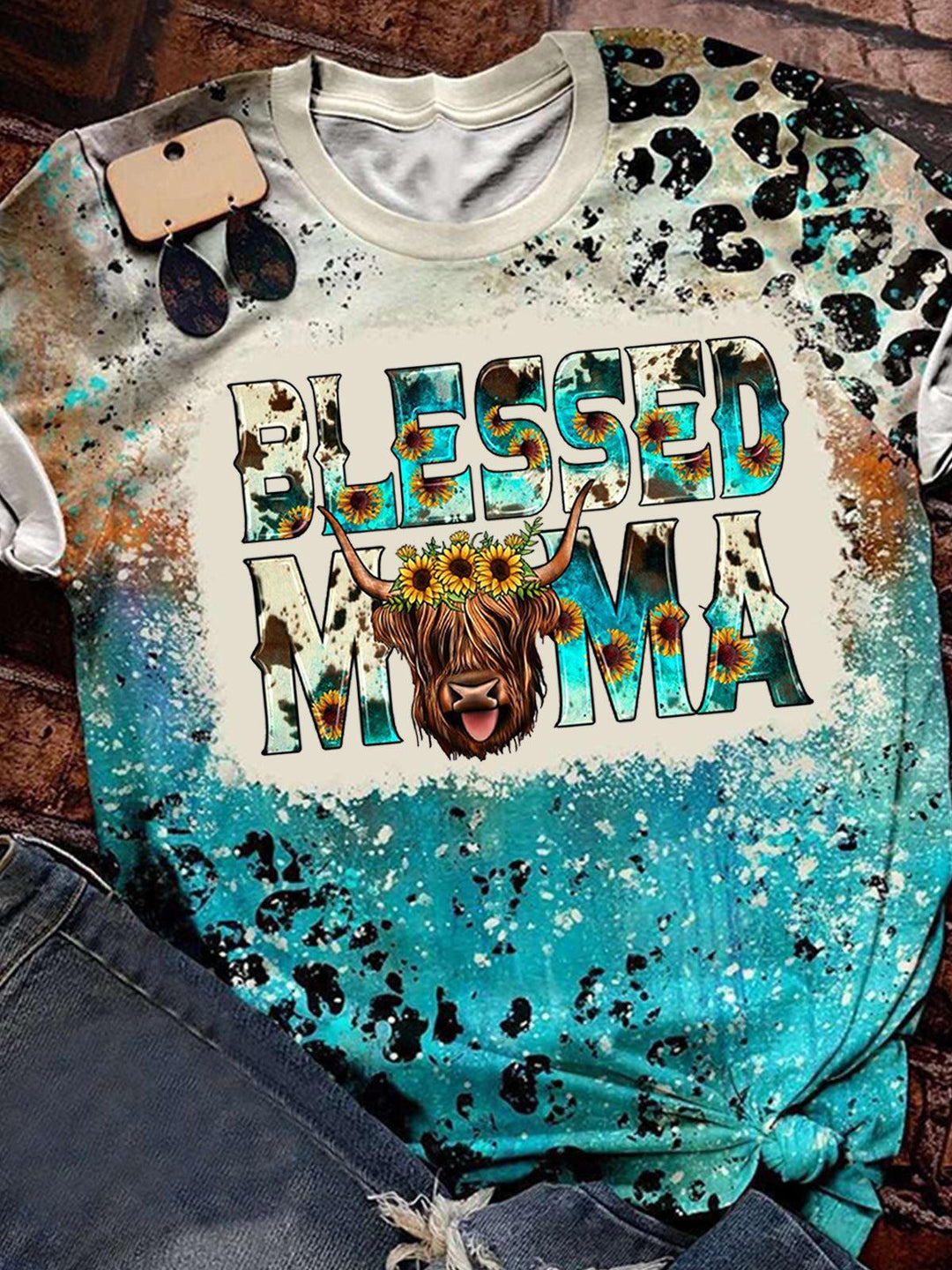 Blessed Mom Highland Cow Print Top