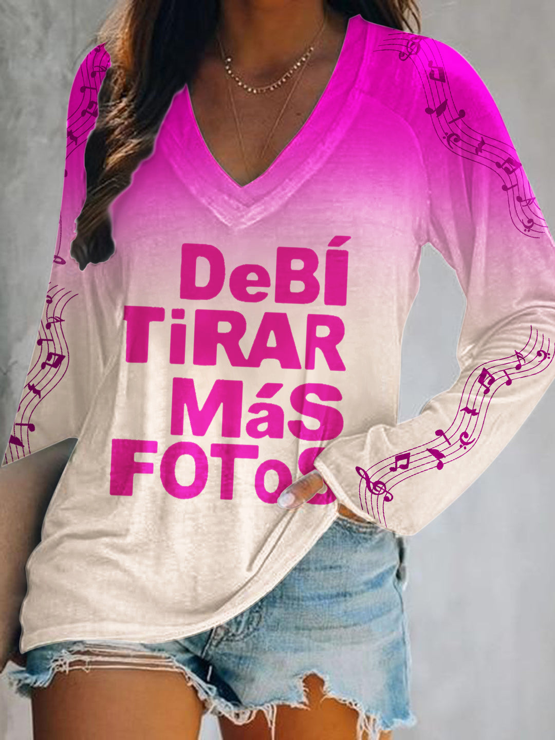 DTMF Debi Tiara Printed V-Neck Long Sleeve Top