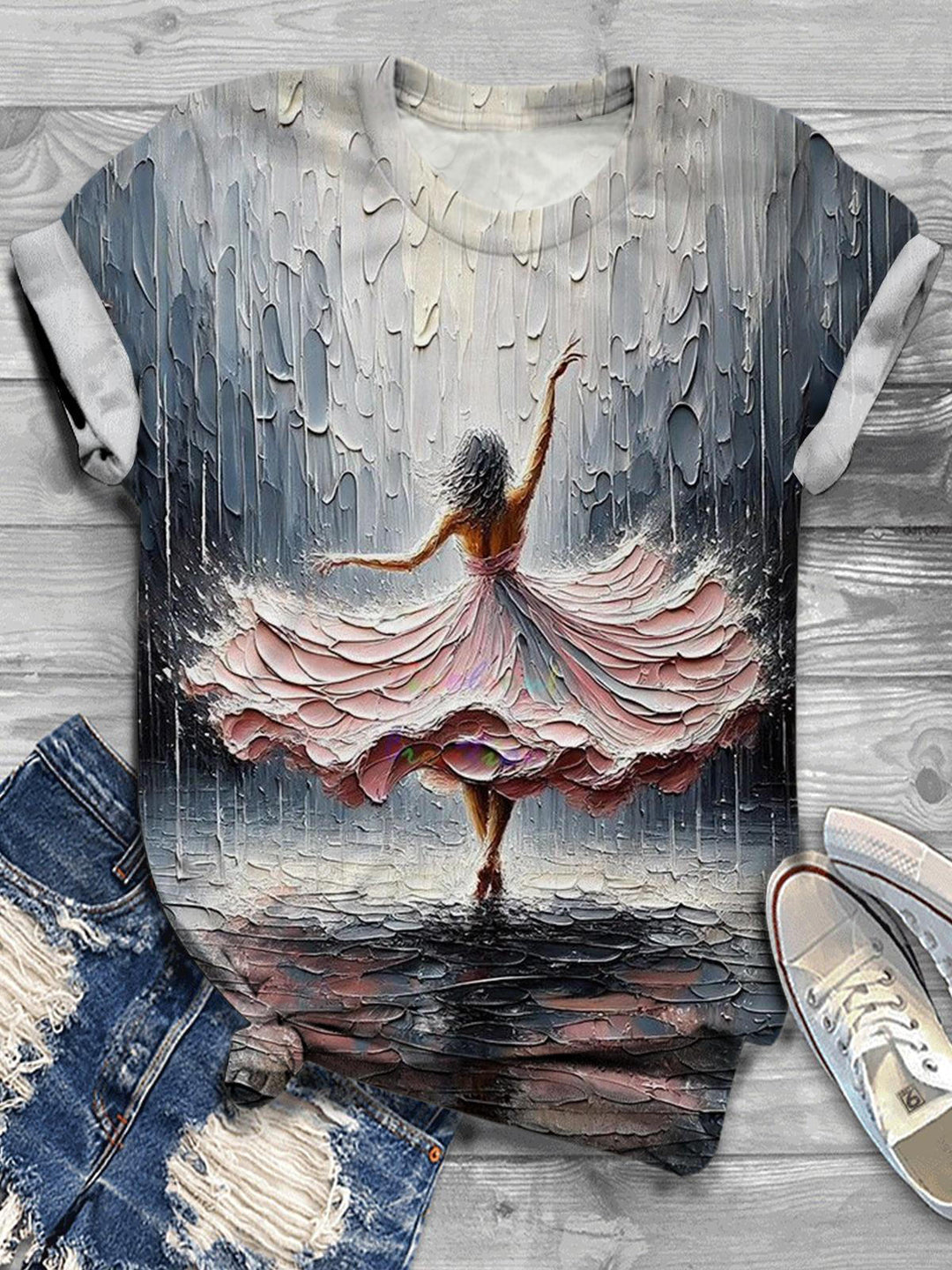 Late Night Happy Girl Dancing Printed Casual T-shirt