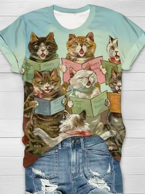 Lässiges T-Shirt mit Retro-Katzen-Konzert-Print für Damen
