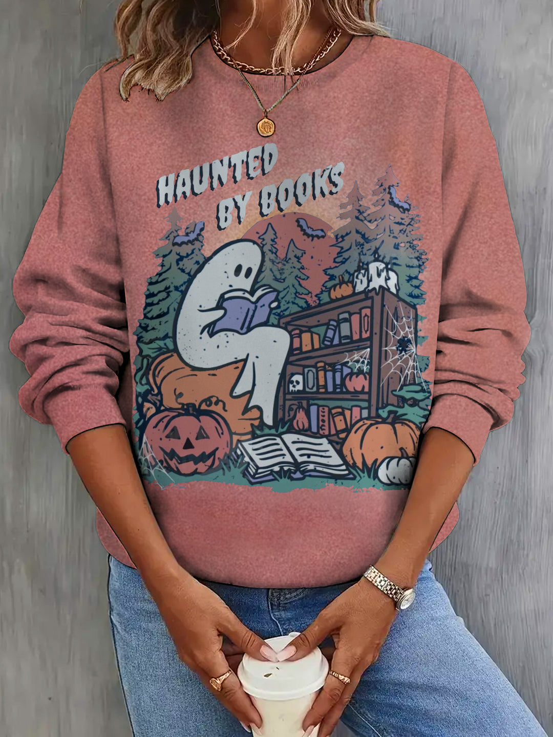 Damen-Langarmshirt mit „Haunted By Books“-Halloween-Motiv und süßem Feen-Print