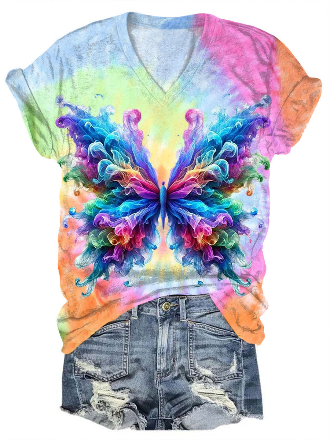 Butterfly Tie Dye Print Casual V-Neck Top