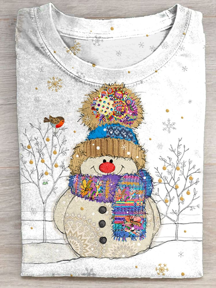 Christmas Snowman Art Print Crew Neck T-shirt