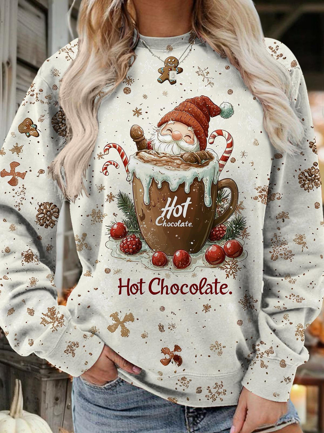 Women's Hot Chocolate Gnome Print Long Sleeve Top